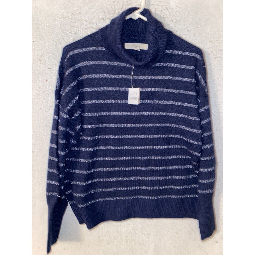 NEW The Loft Navy White Striped Knit TurtleNeck Sweater Woman's Size Medium